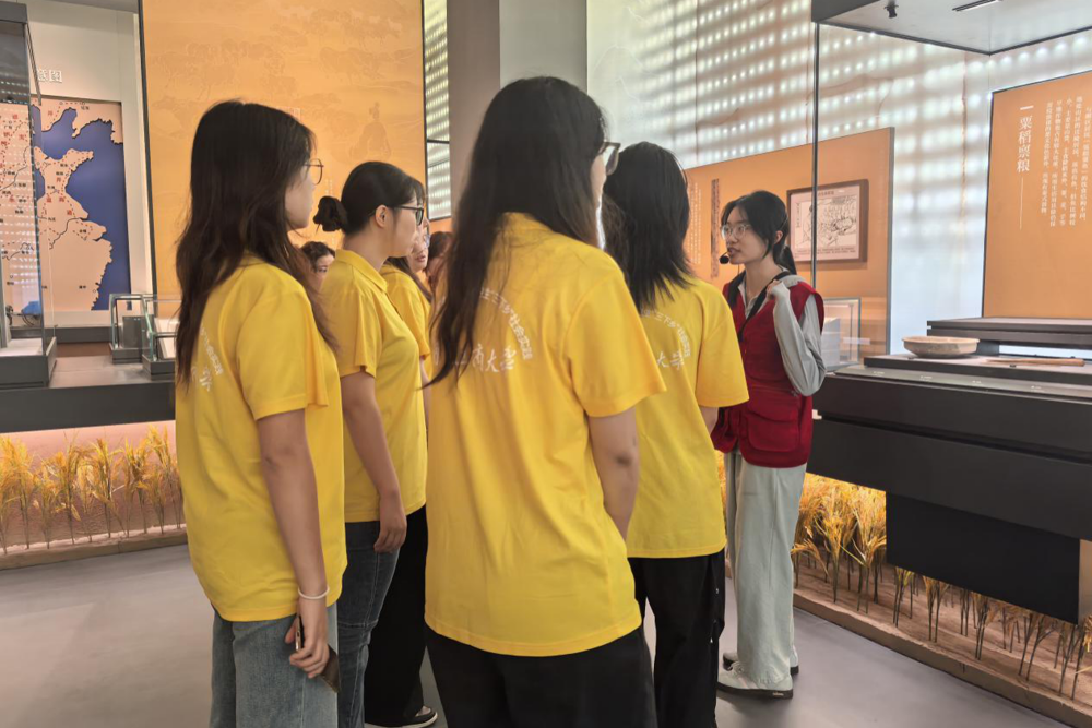 图1：图为调研团成员倾听讲解员对博物馆展品进行讲解